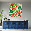 Watermelon With Green Leaves Over Pink Background (Single Panel) Square Wall Art
