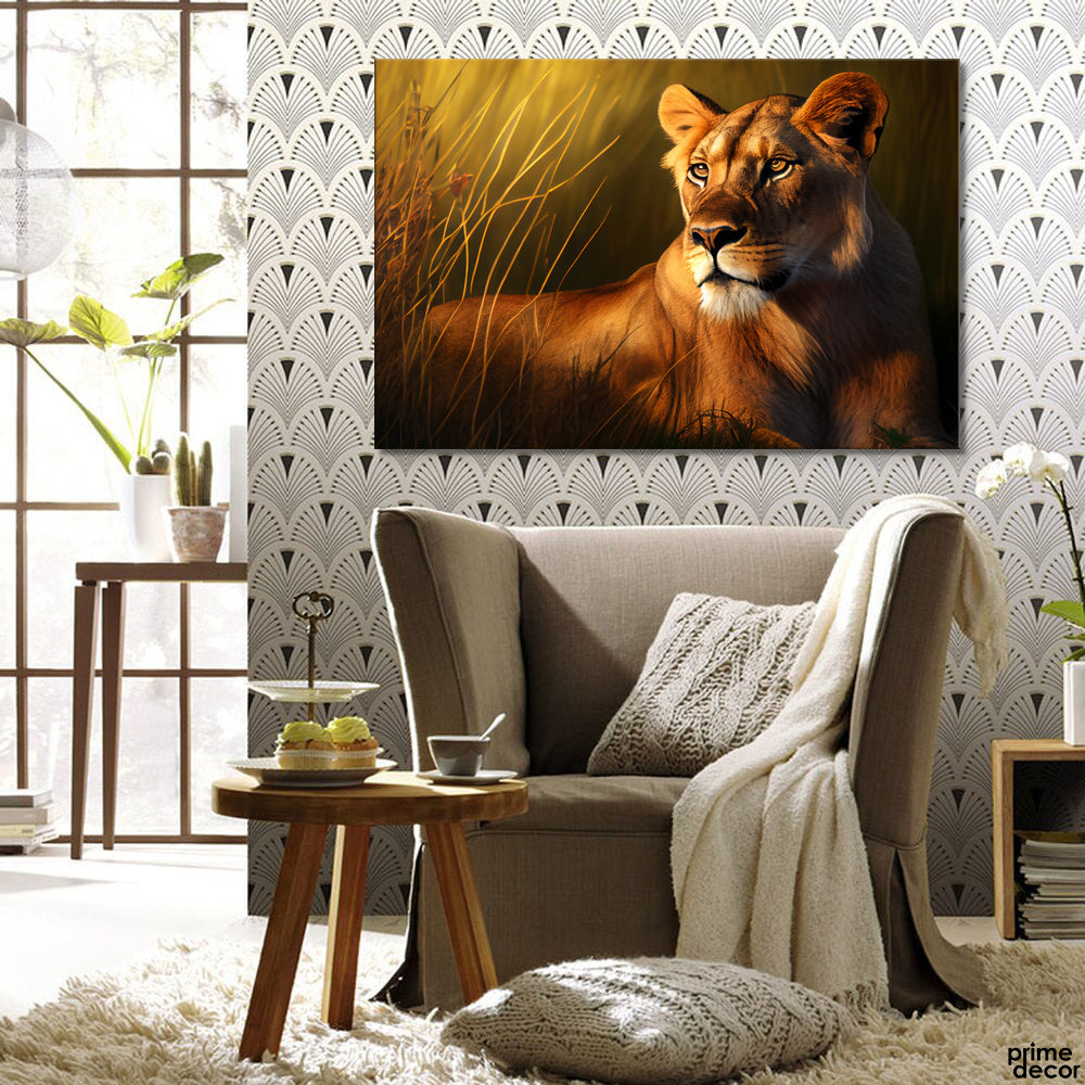 Exotic Lioness In Serene Sunset (Single Panel) Animal Wall Art - Prime Décor