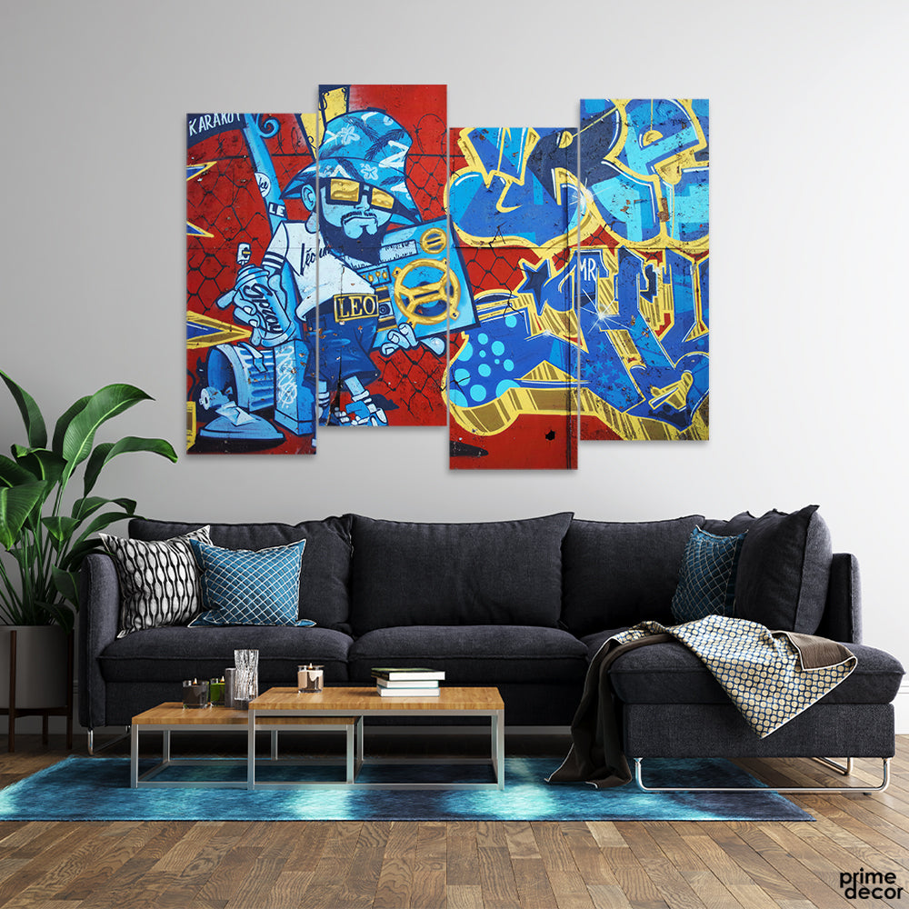 Graffiti Cool Guy Dude Boombox (4 Panel) Fashion Wall Art - Prime Décor