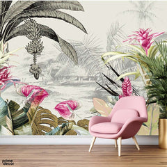 Abstract Colorful Floral Artwork Over Black & White Background | Floral Wallpaper Mural