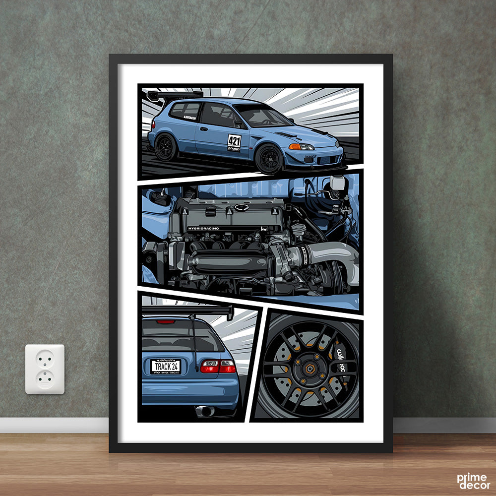 Honda Civic EG Japanese Drawing Illustration | Cars Wall Art - Prime Décor