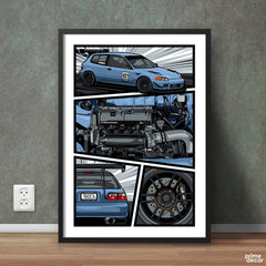 Honda Civic EG Japanese Drawing Illustration | Cars Wall Art - Prime Décor