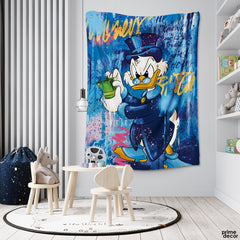 Rich Daffy Duck In Hat Counting Dollar Bills Graffiti Style | Graffiti Tapestry - Prime Décor