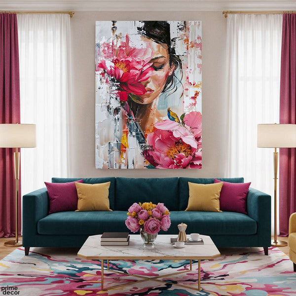 Beautiful Woman Amongst Peonies (Single Panel) Digital Painting Wall Art
