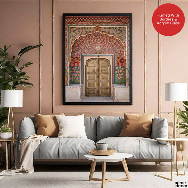 Aesthetic Historical Artwork Of A Door With Pink Floral Wall | Abstract Historical Artwork #00586