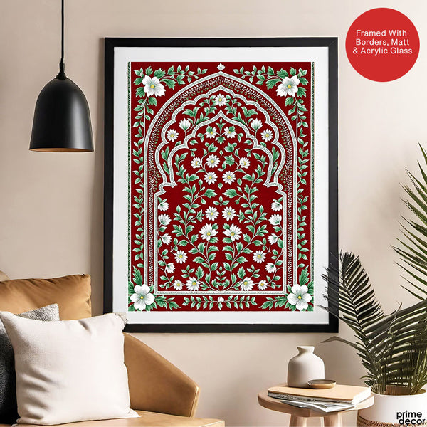 Aesthetic Mughal Era White & Green Floral Artwork | Abstract Historical Artwork #00589