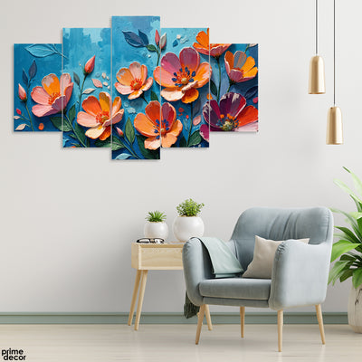 Aesthetic Orange & Red Flowers Over Blue Background (5 Panel) Floral Wall Art