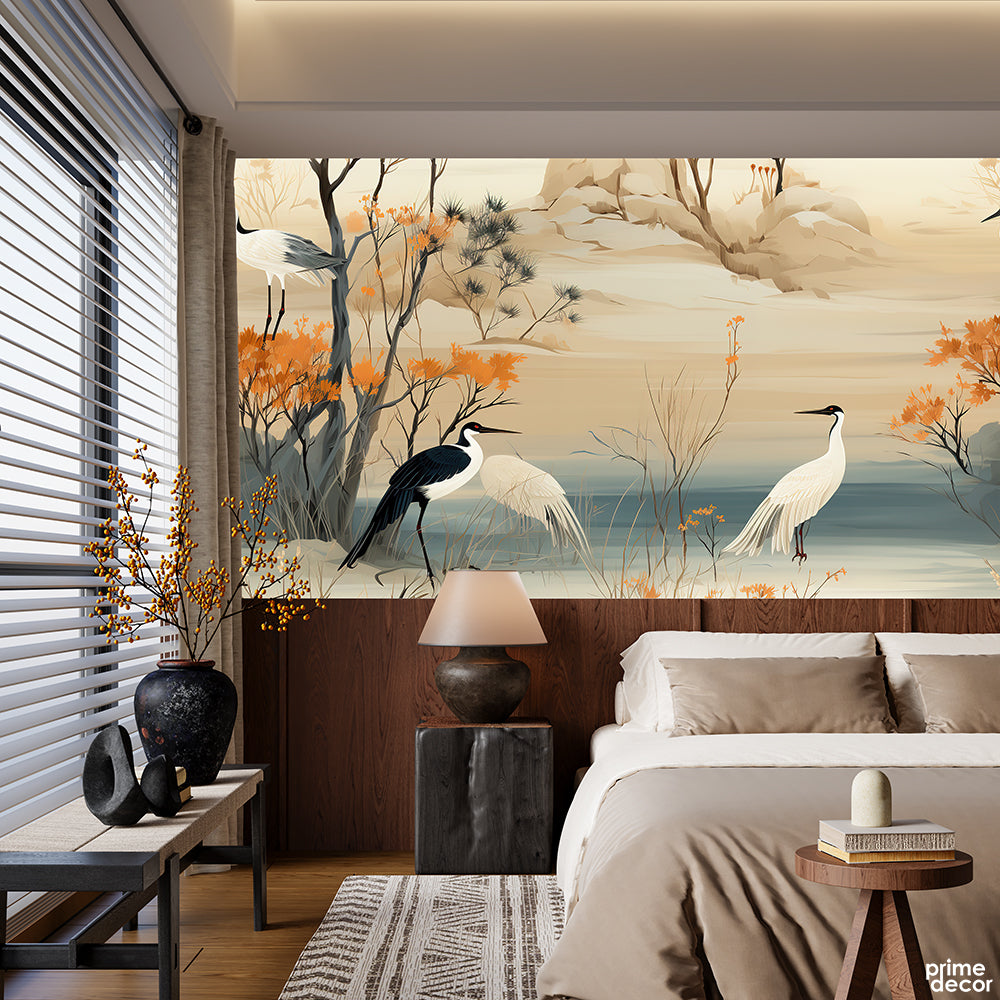 Tan Brown & Cinder Exotic Crane Bird | Nordic Wallpaper Mural - Prime Décor
