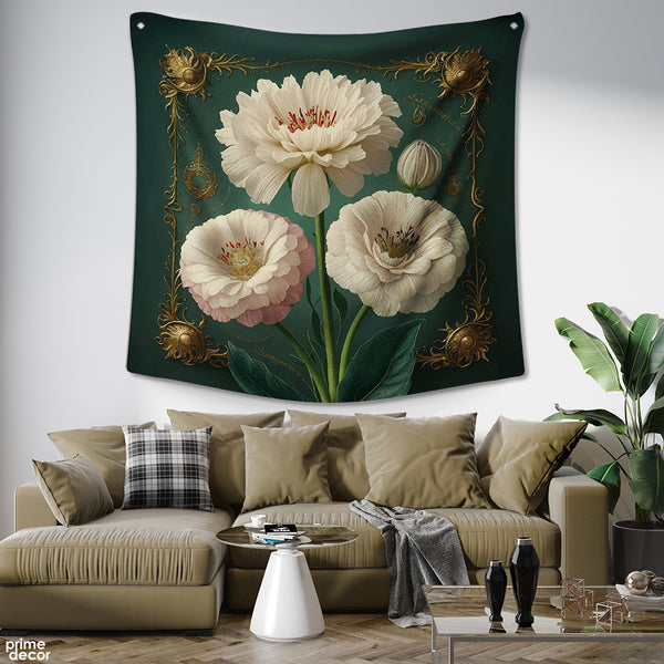 Beautiful White Flowers With Green Leaves | Floral Tapestry