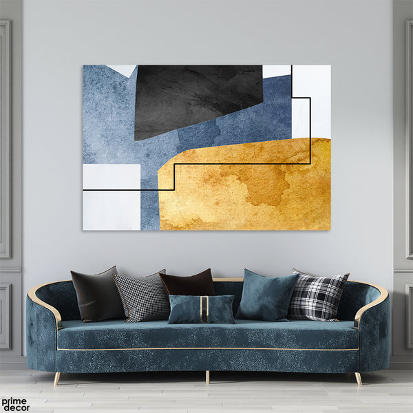 Blue & Gold Abstract Artwork Over White Background (Single Panel) Abstract Wall Art