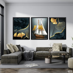 Golden Ginkgo & Nautical Sailboat (3 Panel) Abstract Wall Art