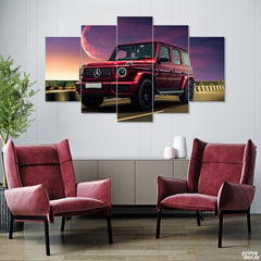 Mercedes G Wagon RED With Aesthetic Moon Background (5 Panel) Cars Wall Art - Prime Décor