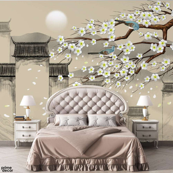 Beautiful White Flowers Over Aesthetic Japanese Background | Floral Wallpaper Mural