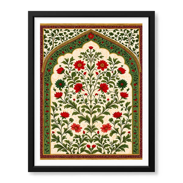 Mughal Era Red & Green Floral Artwork | Abstract Historical Artwork #00590