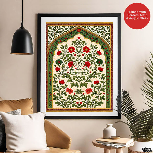 Mughal Era Red & Green Floral Artwork | Abstract Historical Artwork #00590