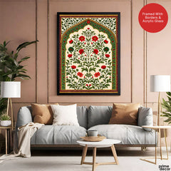 Mughal Era Red & Green Floral Artwork | Abstract Historical Artwork #00590