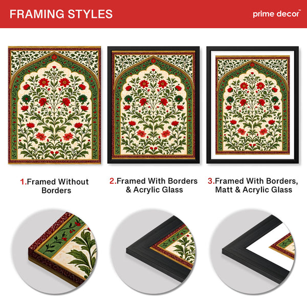 Mughal Era Red & Green Floral Artwork | Abstract Historical Artwork #00590