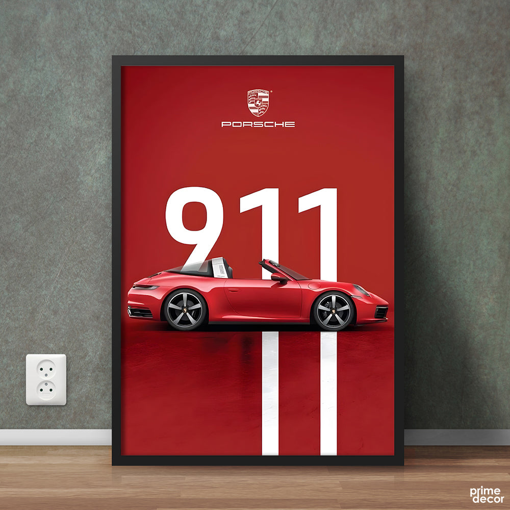 Red Porsche 911 With Logo Red Background | Cars Wall Art - Prime Décor