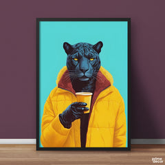 Casually Dressed Fashion Panther Having Coffee | Animal Wall Art - Prime Décor