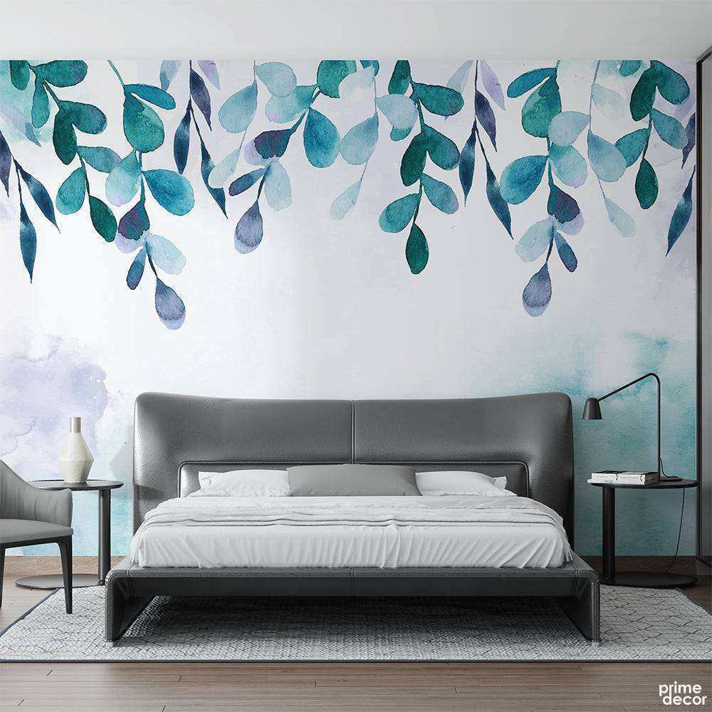 Beetle Green & Teal Watercolor Leaves Branches | Floral Wallpaper Mural - Prime Décor