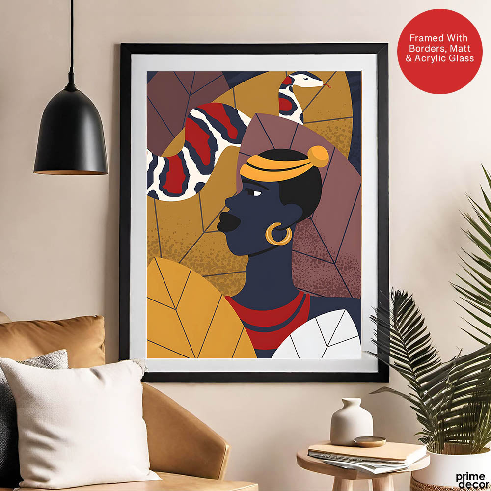Blue & Gold African Women With Snake Fashion Art | Abstract Fashion Artwork #0059 - Prime Décor