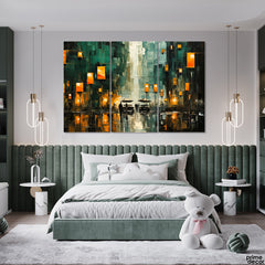 Green Rainy Night With Lanterns Flying Knife Paint Style (3 Panel) Digital Wall Art - Prime Décor
