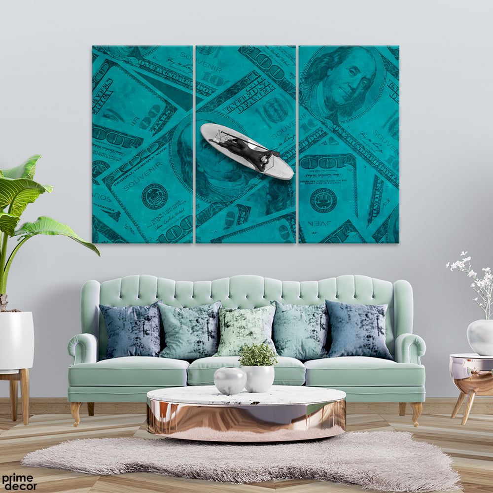 Man Lying On The Boat With Dollars Background (3 Panel) Abstract Wall Art - Prime Décor