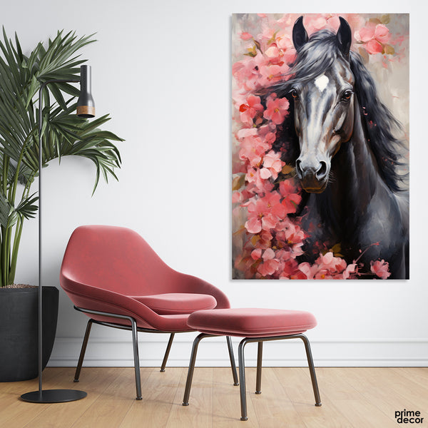 Beautiful Artwork Of A Black Horse With Flowers (Single Panel) Wall Art