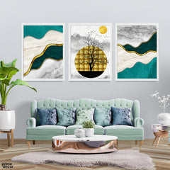 Abstract Green & Gold Floral Artwork Over White Background (3 Panel) Nature Wall Art
