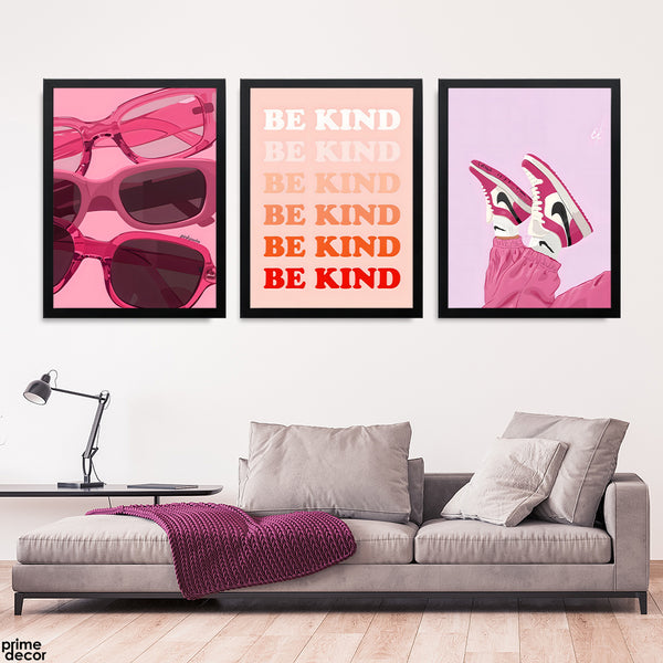 Be Kind Typography With Pink & Purple Artwork (3 Panel) Fashion Wall Art