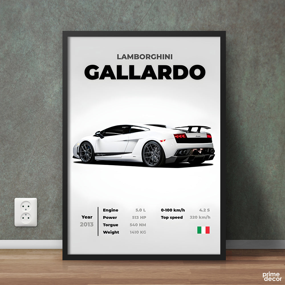 White Lamborghini Gallardo 2013 With Specs | Cars Wall Art - Prime Décor