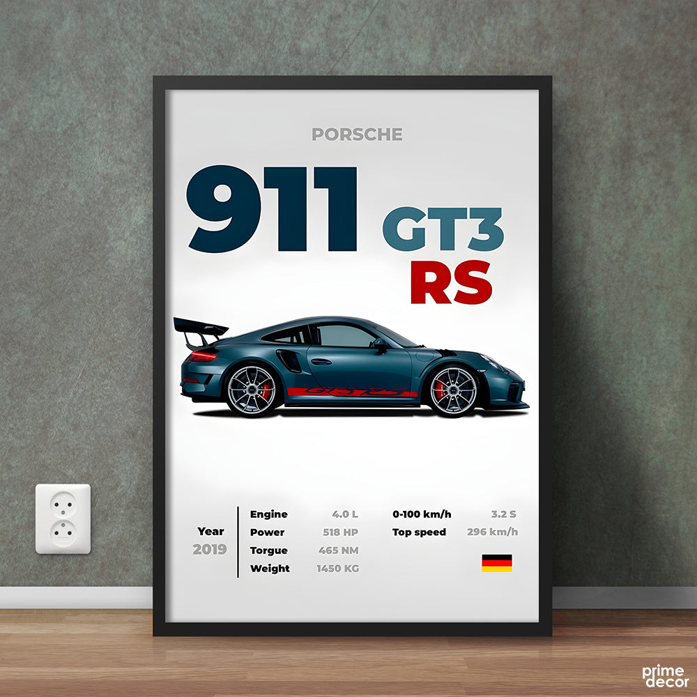 Blue Porsche 911 GT3 RS With Specs | Cars Wall Art - Prime Décor