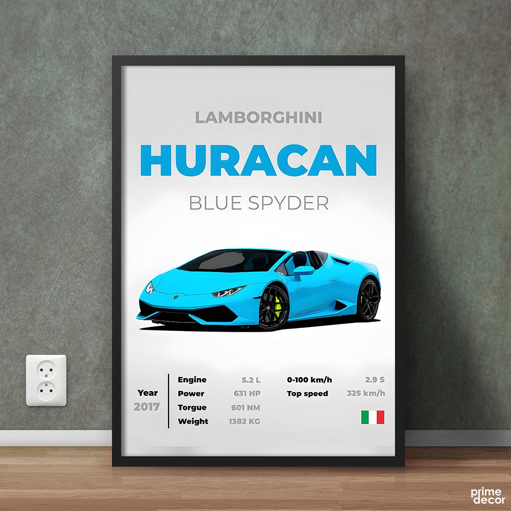 Lamborghini Huracan Blue Spyder With Specs | Cars Wall Art - Prime Décor