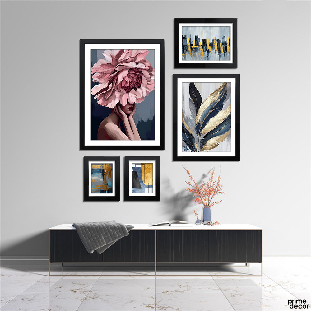 Navy & Gold Floral Abstract Brush Strokes (5 Panel) Abstract Wall Art - Prime Décor