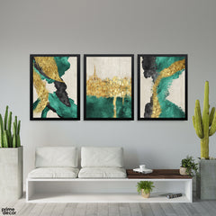 Deep Teal, Charcoal & Gilded Gold (3 Panel) Abstract Wall Art