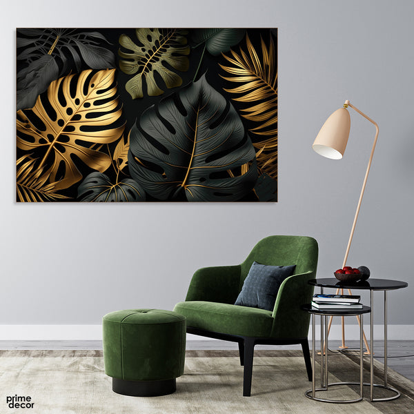 Beautiful Black & Gold Exotic Leaves Over Black Background (Single Panel) Floral Wall Art