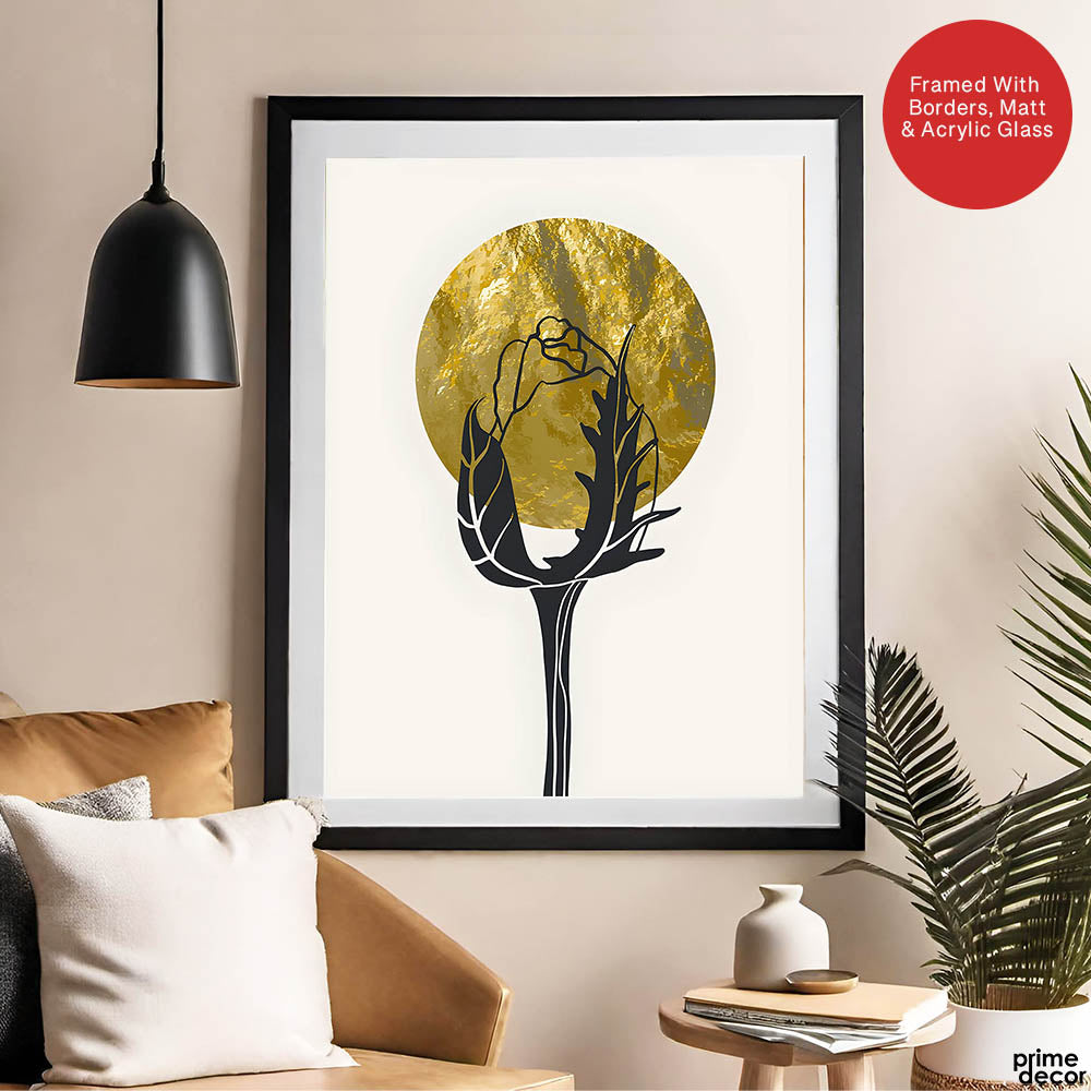 Black Rose Over Golden Moon Design | Abstract Floral Artwork #0060 - Prime Décor