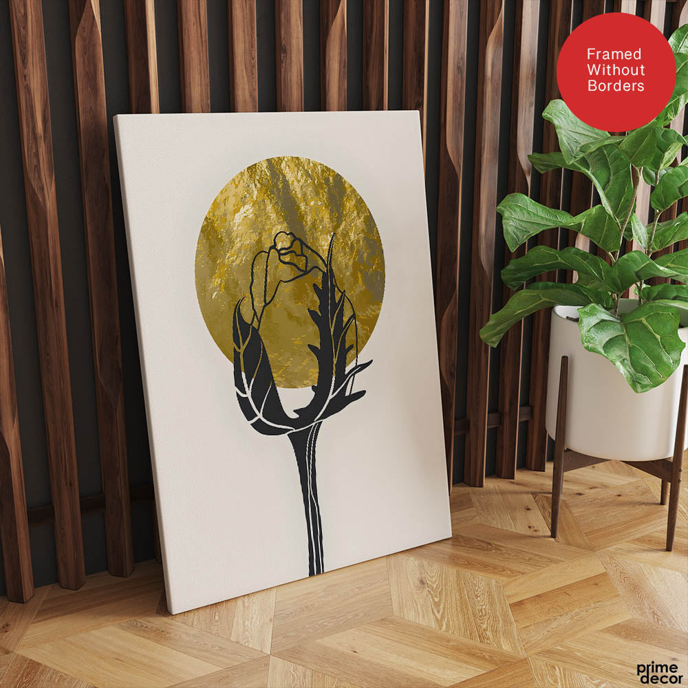 Black Rose Over Golden Moon Design | Abstract Floral Artwork #0060 - Prime Décor