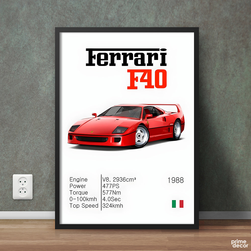 Red Ferrari F40 Classic With Specs | Cars Wall Art - Prime Décor