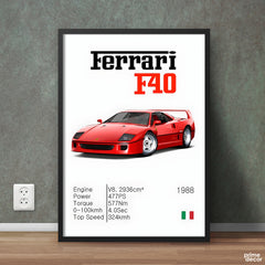 Red Ferrari F40 Classic With Specs | Cars Wall Art - Prime Décor