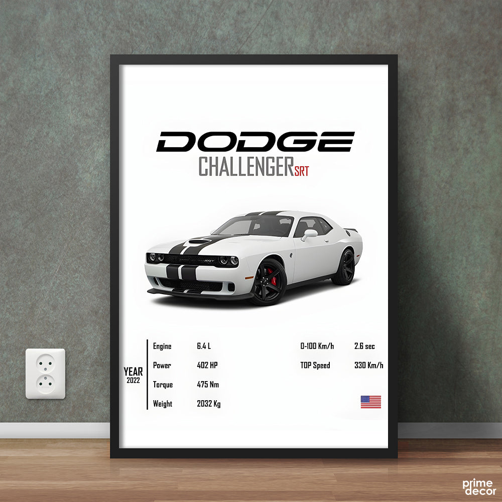 White Dodge Challenger SRT 2022 With Specs | Cars Wall Art - Prime Décor