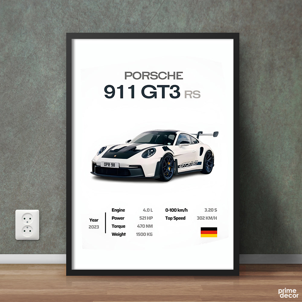 White Porsche 911 GT3 RS 2023 With Specs | Cars Wall Art - Prime Décor