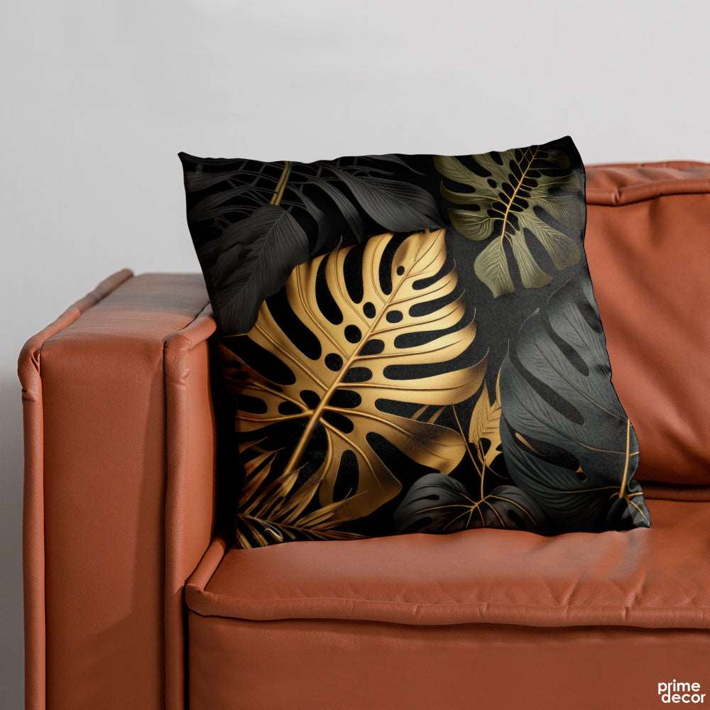 Black & Gold Monstera Deliciosa | Abstract Cushion #061 - Prime Décor