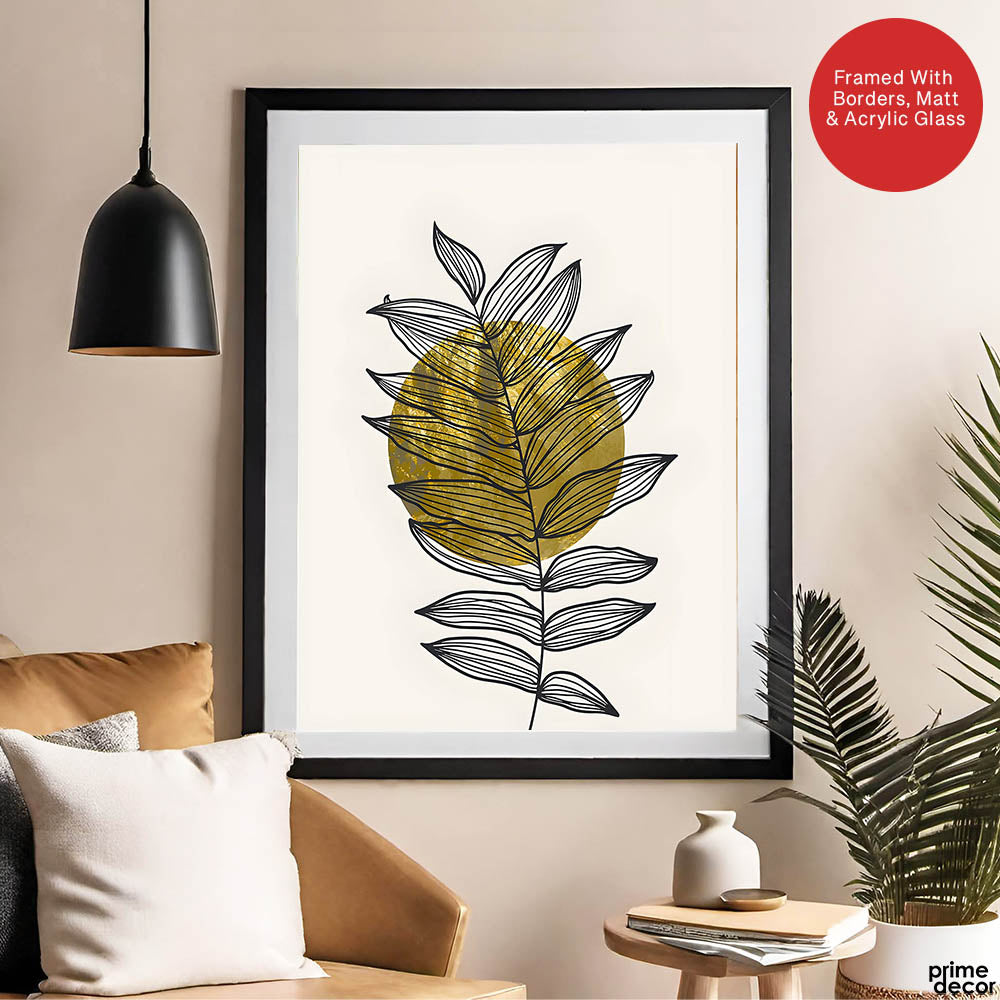 Black Tropical Leaves Over Golden Moon Design | Abstract Floral Artwork #0061 - Prime Décor