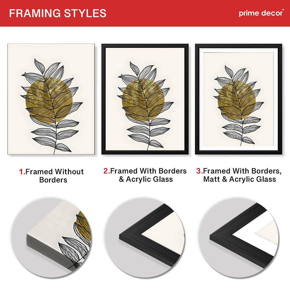 Black Tropical Leaves Over Golden Moon Design | Abstract Floral Artwork #0061 - Prime Décor