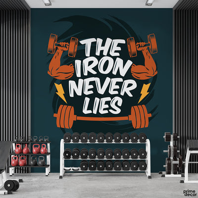 The Iron Never Lies Text With Dumbbells | Gym Wallpaper Mural - Prime Décor