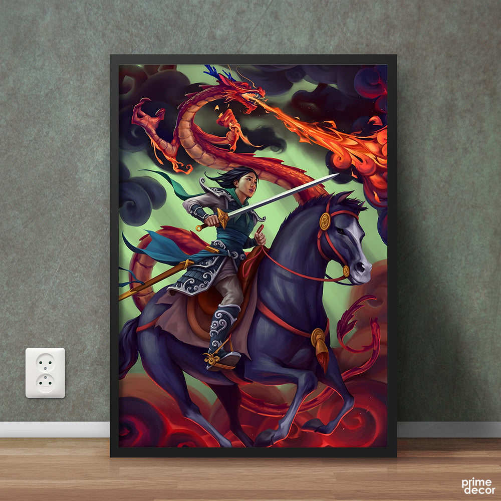 Mulan On Horse With Mushu Breathing Fire Fanart | Cartoon Wall Art - Prime Décor