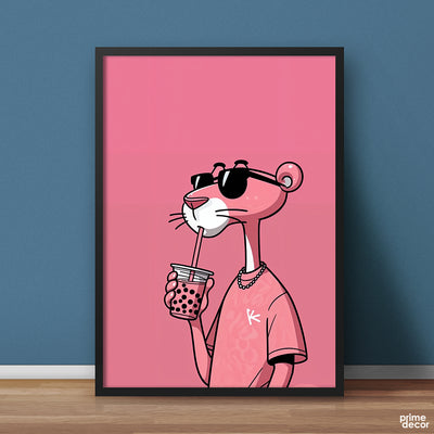 Cool Pink Panther Sipping Boba Tea | Funny Wall Art - Prime Décor