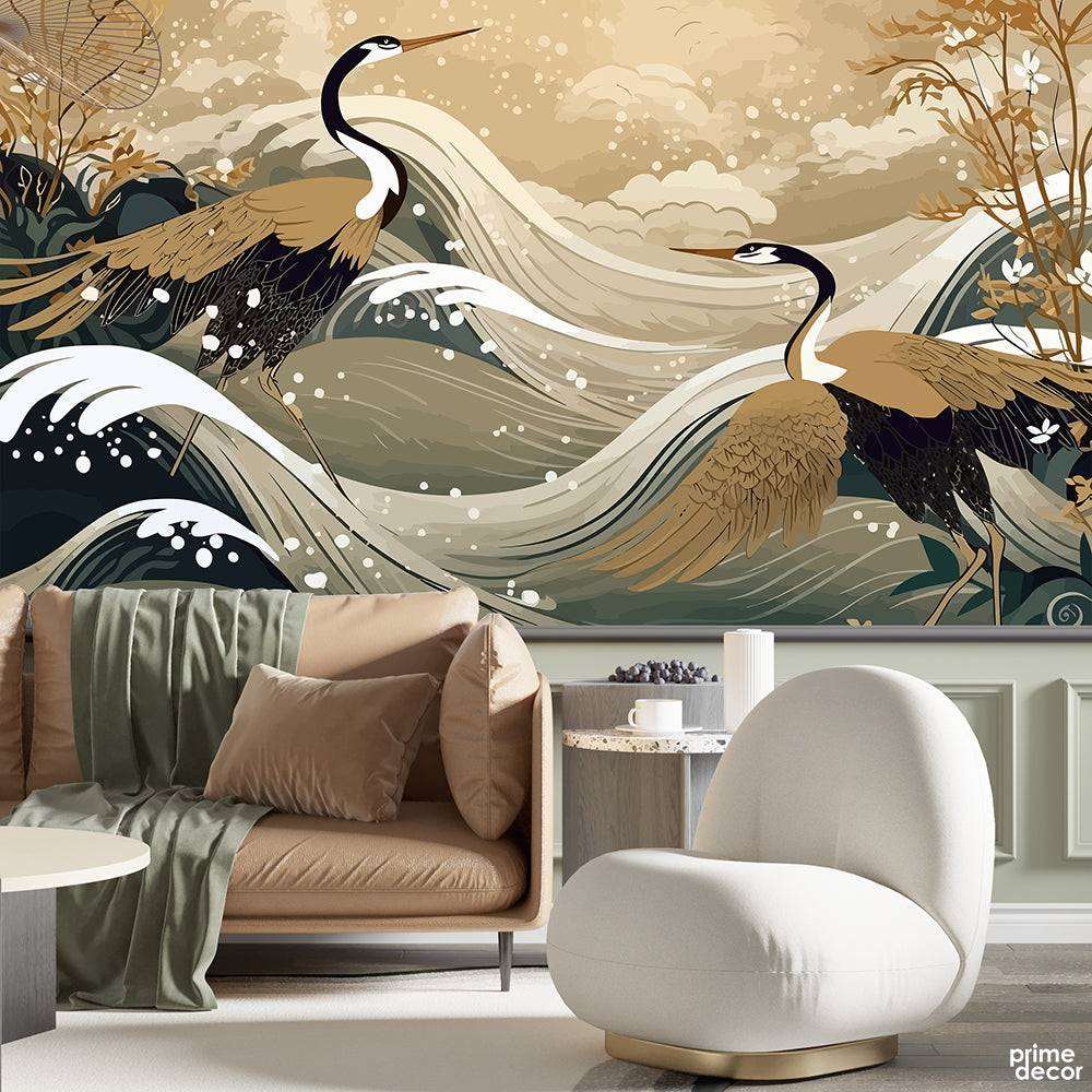 Beige Exotic Crane Bird With Sea Waves Background | Nordic Wallpaper Mural - Prime Décor