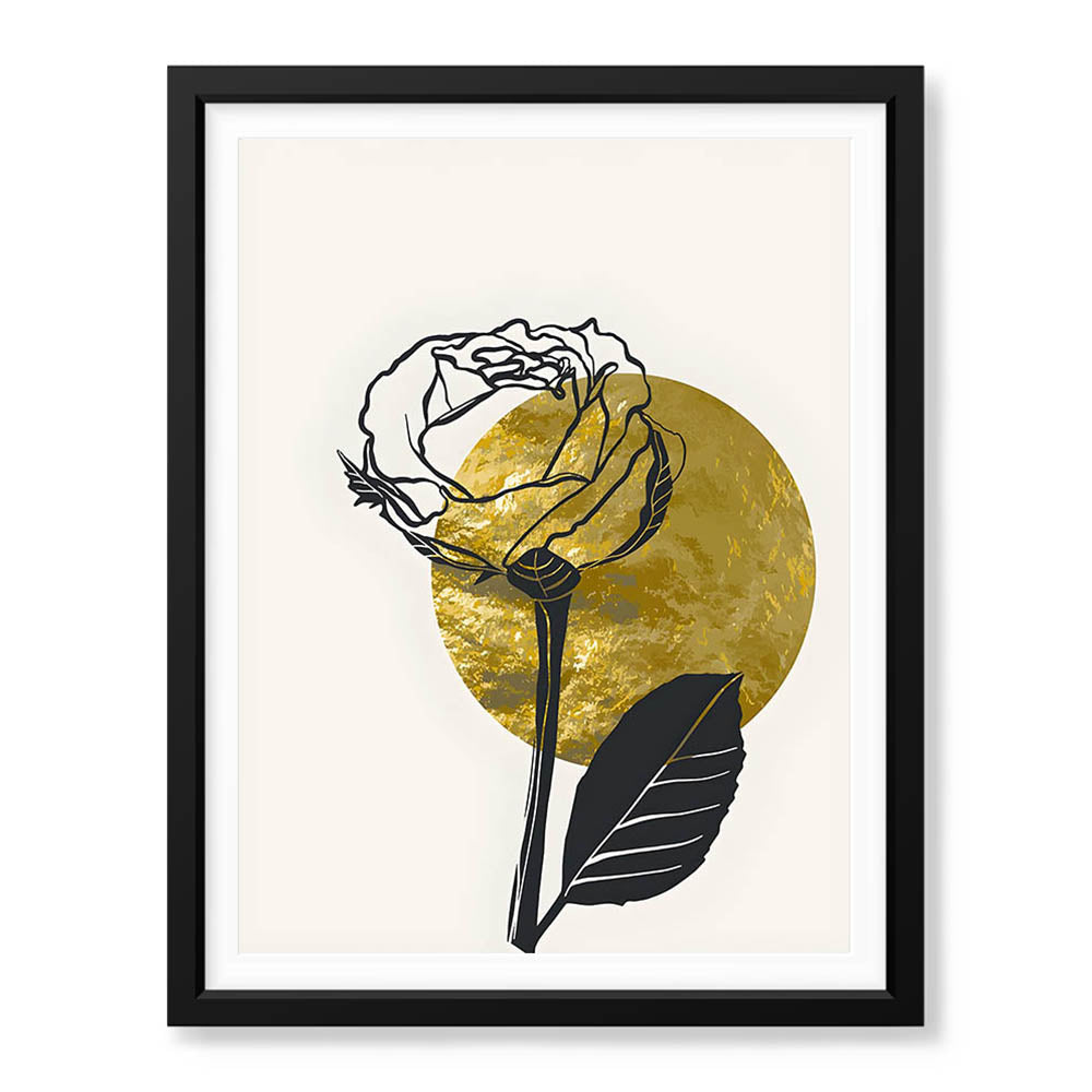 Black Rose Over Golden Moon Design | Abstract Floral Artwork #0062 - Prime Décor